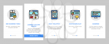 Internet Social Media Onboarding Mobile App Page Screen Vector. Social Media Page Registration And Internal Communication, User Profile And Purchases Illustrations