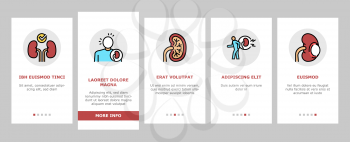 Nephritis Kidneys Onboarding Mobile App Page Screen Vector. Kidneys Stones And Infection, Cancer And Cyst, Bloody Urine And Frequent Urination Illustrations