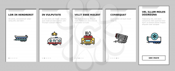 Trailer Transport Onboarding Mobile App Page Screen Vector. Trailer For Transportation Animal And Passenger, Car And Boat, Rocket And Petrol Illustrations