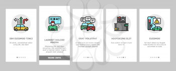 Traffic Jam Transport Onboarding Mobile App Page Screen Vector. Broken Car And Accident, Traffic Light And Human Crossing Road On Crosswalk Illustrations