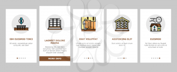 Timber Frame House Onboarding Mobile App Page Screen Vector. Pile Screw Foundation And Ecowool Insulation, Wooden And Steel Building Frame Illustrations