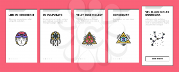 Astrological Objects Onboarding Mobile App Page Screen Vector. Crystals And Ball, Love Potion And Tarot Cards, Sun Occult Symbol And Mystical Ornament Illustrations
