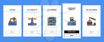 Container Port Tool Onboarding Mobile App Page Screen Vector. Port Crane Loader For Loading Boxes On Ship And Storehouse, Buoy And Lighthouse, Delivery Service Illustrations