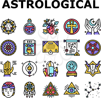 Astrological Objects Collection Icons Set Vector. Crystals And Ball, Love Potion And Tarot Cards, Sun Occult Symbol And Mystical Ornament Concept Linear Pictograms. Contour Illustrations