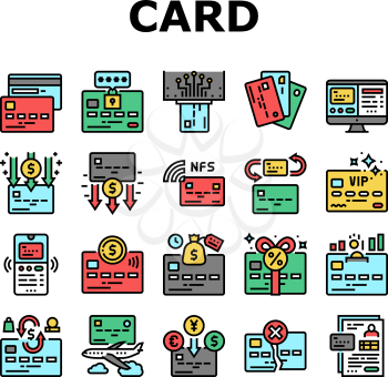 Plastic Card Payment Collection Icons Set Vector. Contactless Nfc System Credit Card And Withdrawal, Pin Code Protection And Transfer Concept Linear Pictograms. Contour Illustrations
