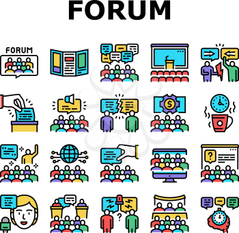 Forum People Meeting Collection Icons Set Vector. International And Business Online Forum, Public Debate And Hearing, Disputes And Vote, Concept Linear Pictograms. Contour Illustrations