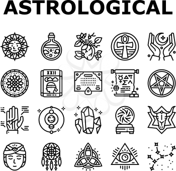 Astrological Objects Collection Icons Set Vector. Crystals And Ball, Love Potion And Tarot Cards, Sun Occult Symbol And Mystical Ornament Black Contour Illustrations
