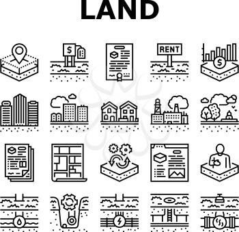 Land Property Business Collection Icons Set Vector. Land Rent And Sale, Residential Apartment And Estate, Public And Recreational Zone Black Contour Illustrations