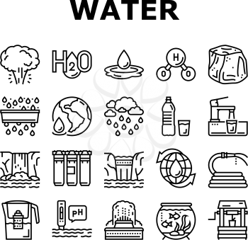 Water Purification Collection Icons Set Vector. Filter And Purifying Equipment, Bottle And Cup, Ocean And Sea Water, World Renewal And Aquarium Black Contour Illustrations