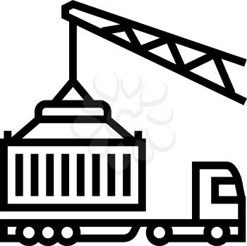 crane loading container on truck in port line icon vector. crane loading container on truck in port sign. isolated contour symbol black illustration