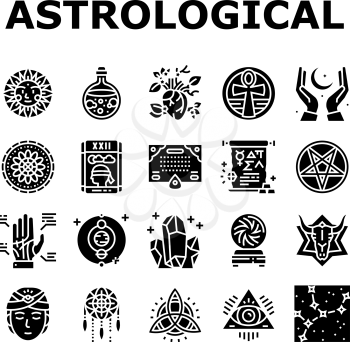 Astrological Objects Collection Icons Set Vector. Crystals And Ball, Love Potion And Tarot Cards, Sun Occult Symbol And Mystical Ornament Glyph Pictograms Black Illustrations