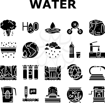 Water Purification Collection Icons Set Vector. Filter And Purifying Equipment, Bottle And Cup, Ocean And Sea Water, World Renewal And Aquarium Glyph Pictograms Black Illustrations