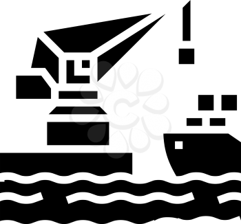 crane loading container on truck in port glyph icon vector. crane loading container on truck in port sign. isolated contour symbol black illustration