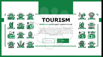Tourism Travel Types Landing Header Vector. Cultural And Nature, Air And Ski Sport, Yacht And Rafting, Educational And Shopping Travel Illustration