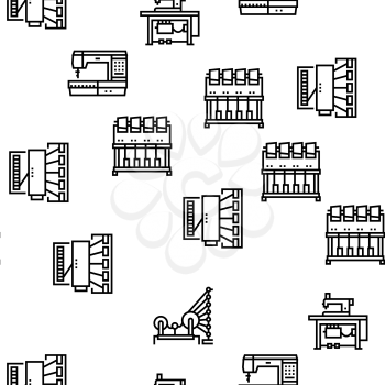 Textile Production Collection Icons Set Vector. Silk Thread And Clothing Textile Production, Sewing Machine And Factory Industrial Equipment Black Contour Illustrations