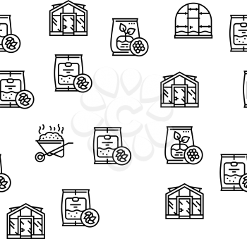 Gardening Equipment Collection Icons Set Vector. Glass And Polycarbonate Greenhouse Construction, Gardening Tool And Instrument Black Contour Illustrations