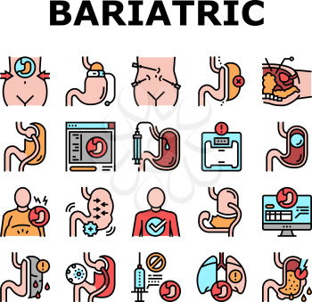 Bariatric Surgery Collection Icons Set Vector. Excess Weight And Risk Of Complications, Severe Bleeding And Result Of Bariatric, Lung Or Breath Problem Concept Linear Pictograms. Contour Illustrations