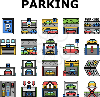 Underground Parking Collection Icons Set Vector. Underground Multilevel Parking Building, Barrier And Automatical Gate, Elevator Lifting Transport Concept Linear Pictograms. Contour Illustrations