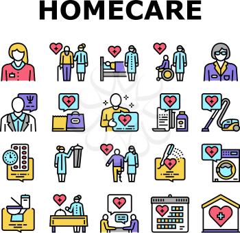 Homecare Services Collection Icons Set Vector. Volunteer Personal Care Elderly And Sick People, Dressing And Helping Washing Homecare Services Concept Linear Pictograms. Contour Color Illustrations