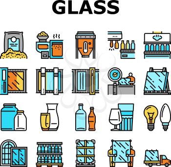Glass Production Plant Collection Icons Set Vector. Glass Bottle And Vase, Jar And Light Bulb Manufacturing, Window Packaging And Transportation Concept Linear Pictograms. Contour Color Illustrations