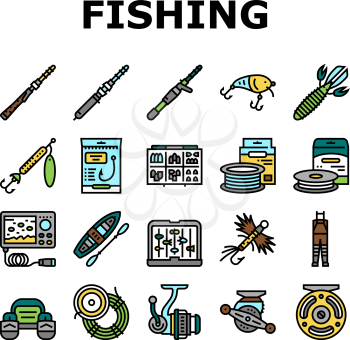 Fishing Shop Products Collection Icons Set Vector. Bait Cast Reel With Monofilament Line And Spinning, Kayak Boat And Weights Fishing Accessories Concept Linear Pictograms. Contour Color Illustrations