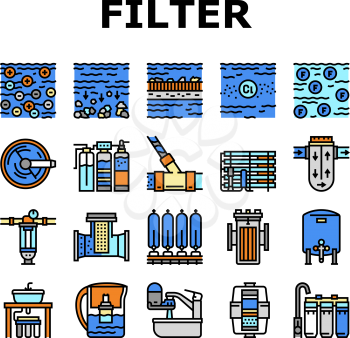 Water Filter Equipment Collection Icons Set Vector. Industrial And Home Water Filter Tool, Disinfection And Filtration Process Concept Linear Pictograms. Contour Color Illustrations