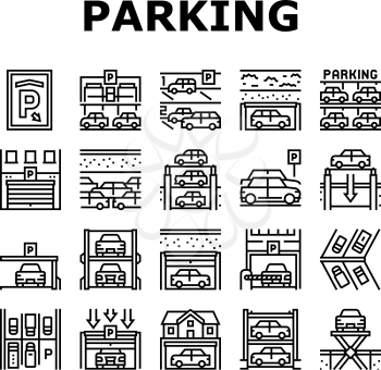 Underground Parking Collection Icons Set Vector. Underground Multilevel Parking Building, Barrier And Automatical Gate, Elevator Lifting Transport Black Contour Illustrations