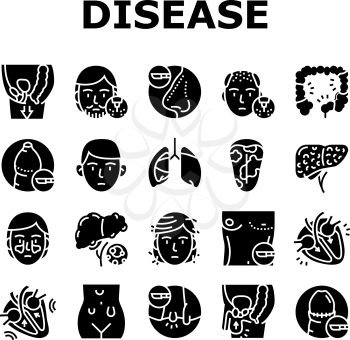 Disease Human Organ Collection Icons Set Vector. Colitis And Breast Gynecomastia, Hemorrhoids And Glossitis, Cryptorchidism And Systole Disease Glyph Pictograms Black Illustrations