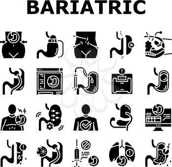 Bariatric Surgery Collection Icons Set Vector. Excess Weight And Risk Of Complications, Severe Bleeding And Result Of Bariatric, Lung Or Breath Problem Glyph Pictograms Black Illustrations