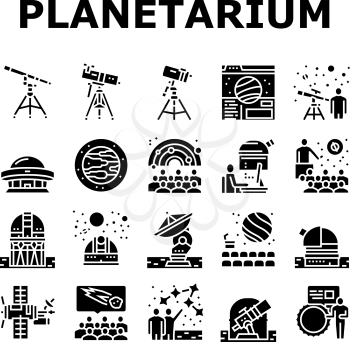 Planetarium Equipment Collection Icons Set Vector. Planetarium Speaker About Stars And Planets, Observatory Astronomy Telescope For Research Galaxy Glyph Pictograms Black Illustrations