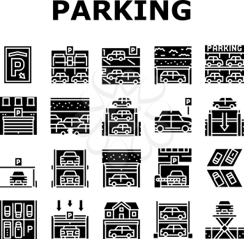 Underground Parking Collection Icons Set Vector. Underground Multilevel Parking Building, Barrier And Automatical Gate, Elevator Lifting Transport Glyph Pictograms Black Illustrations