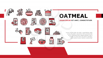 Oatmeal Nutrition Landing Web Page Header Banner Template Vector. Oat And Flour Bag, Cookies And Milk, Bar And Oatmeal Porridge, Boiling And Cooked Breakfast Illustration