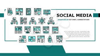 Internet Social Media Landing Web Page Header Banner Template Vector. Social Media Page Registration And Internal Communication, User Profile And Purchases Illustration