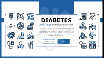Diabetes Treatment Landing Web Page Header Banner Template Vector. Blood Sugar Measurement And Control, Insulin Syringe And Pills, Eat Healthy Food And Drink Water Illustration