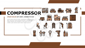 Air Compressor Tool Landing Web Page Header Banner Template Vector. Screw And Piston, Membrane And Centrifugal, Diesel And Rotary Compressor Equipment Illustration