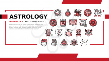 Astrological Objects Landing Web Page Header Banner Template Vector. Crystals And Ball, Love Potion And Tarot Cards, Sun Occult Symbol And Mystical Ornament Illustration