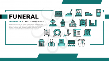 Funeral Burial Service Landing Web Page Header Banner Template Vector. Church And Priest, Grave And Coffin, Candle And Gravestone, Funeral Crematorium And Cemetery Illustration