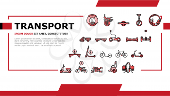 Personal Transport Landing Web Page Header Banner Template Vector. Scooter And Bicycle, Motorbike And Bike, Electric Monowheel And Hoverboard Transport Illustration