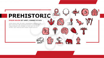 Prehistoric Period Landing Web Page Header Banner Template Vector. Prehistoric Plant And Tree, Mammoth And Clam, Dinosaur Skull And Bone, Statue And Damaged Vase Illustration