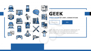 Geek, Nerd And Gamer Landing Web Page Header Banner Template Vector. Chess And Video Game, Mathematics And Astrology, Ufo And Futuristic Weapon Geek Illustration