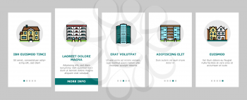 House Constructions Onboarding Mobile App Page Screen Vector. Townhome House And Mobile Home, Villa And Palace Building, Apartment And Residence Illustrations