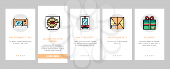 Box Carton Container Onboarding Mobile App Page Screen Vector. Sushi Delivering And Pizza, Box For Tea And Coffee, Mobile Phone And Tv Plazma Illustrations