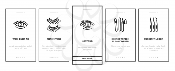Eyelashes Extension Onboarding Mobile App Page Screen Vector. Applying And Correction Eyelashes, Patches And Tweezers, Brushes And Scissors Illustrations