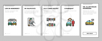 Motel Comfort Service Onboarding Mobile App Page Screen Vector. Motel Building And Houses, Hotel Room With Bed And Wardrobe, Wifi Internet And Tv Illustrations