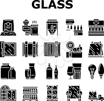 Glass Production Plant Collection Icons Set Vector. Glass Bottle And Vase, Jar And Light Bulb Manufacturing, Window Packaging And Transportation Glyph Pictograms Black Illustrations