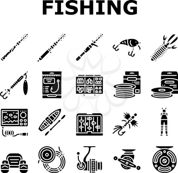 Fishing Shop Products Collection Icons Set Vector. Bait Cast Reel With Monofilament Line And Spinning, Kayak Boat And Weights Fishing Accessories Glyph Pictograms Black Illustrations