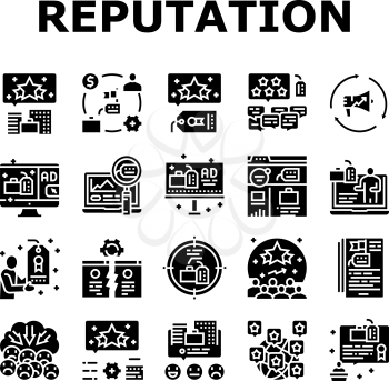 Reputation Management Collection Icons Set Vector. Social Media And Brand Ambassador, Company World Reputation Management And Reviews Glyph Pictograms Black Illustrations