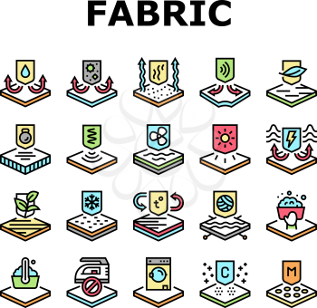 Fabrics Properties Collection Icons Set Vector. Elastic And Stretched, Warm And Cool, Antibacterial And Breathable Fabrics Properties Concept Linear Pictograms. Contour Illustrations