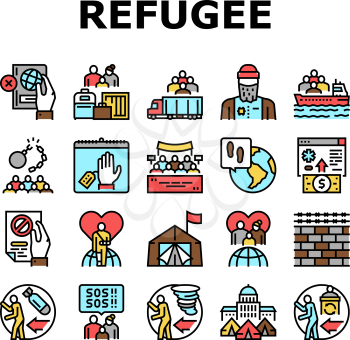 Refugee From Problem Collection Icons Set Vector. Man And Family Refugee Escape From War And Hurricane, Worldwide Donation And Help, Concept Linear Pictograms. Contour Illustrations