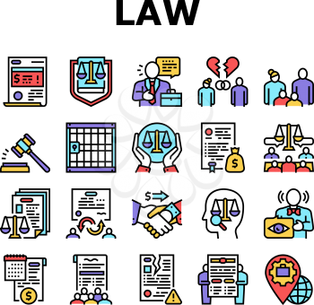 Law Justice Dictionary Collection Icons Set Vector. Family And Social Norms, Leasing And Breach Of Contract, Penalty And Divorce Law Concept Linear Pictograms. Contour Illustrations